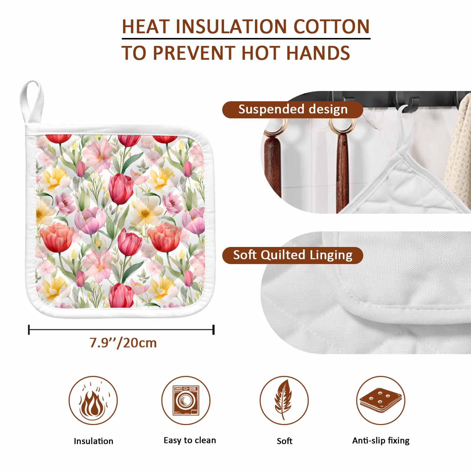 Spring Tulip Pot Holders for Kitchen Heatproof Potholder, 3 Pack Summer Floral Botanical Elegant Hot Pads Multipurpose Oven Pads Cloth Potholders Trivet for Cooking Baking