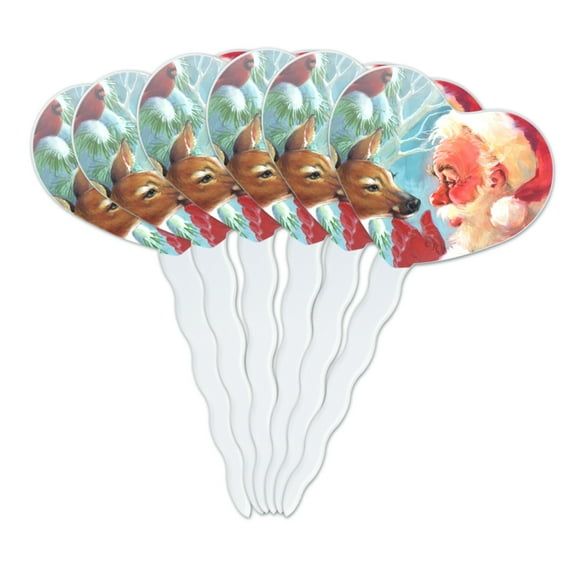 Christmas Holiday New Fawn Deer and Santa Heart Love Cupcake Picks Toppers Decoration Set of 6