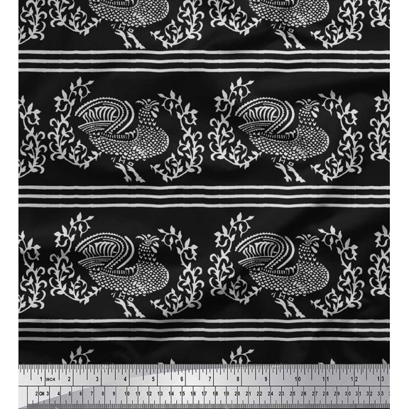 Soimoi Cotton Duck Fabric Stripe,Leaves & Hen Block Print Fabric by The Yard 42 Inch Wide