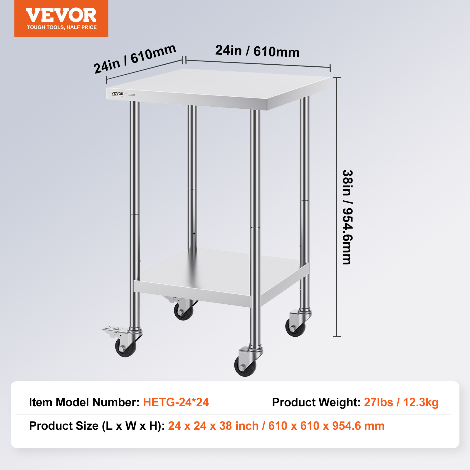 VEVOR Stainless Steel Work Table 24 x 24 x 38 Inch, 700 LBS Load Capacity with 4 Wheels, 3 Adjustable Height Levels, Heavy Duty Food Prep Worktable for Commercial Kitchen Restaurant, Silver