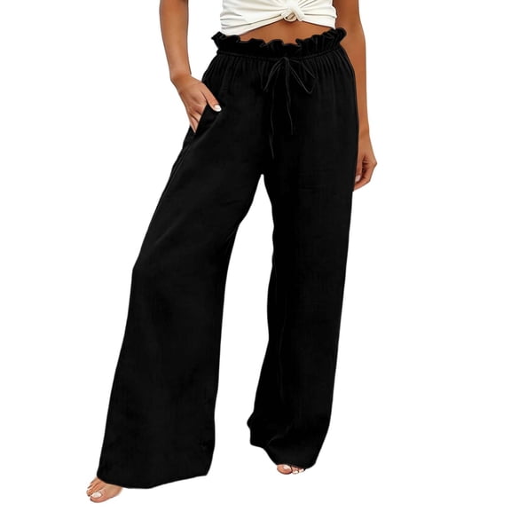 RUTAYY Women's Pants High Waist with Drawstring Solid Color Casual Everyday Wear Breathable Elastic Waist Elegant Chic Trousers