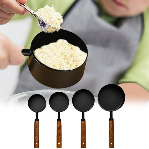 Juego de tazas y cucharas medidoras, 4 piezas, mango de madera, tazas medidoras para repostería, cuchara medidora negra para cocina, utensilios de cocina, juego de medición, taza y cuchara
