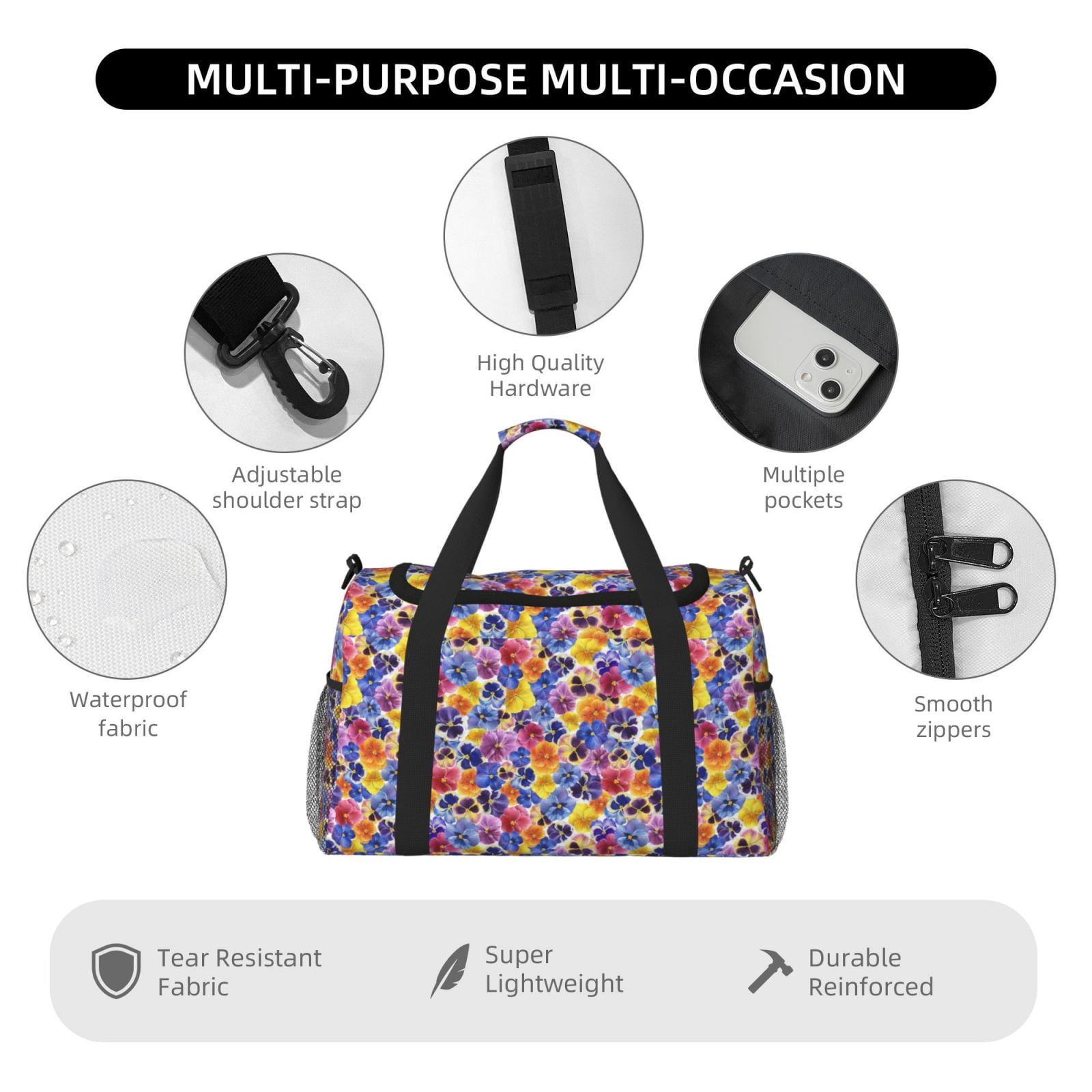Fuzoiu The Garden Tricolor Pansy Flower Print Travel Duffle Bag,Carry On Tote Bags,Duffel Bag,Sport Gym Bag, Hospital Bag for Labor and Delivery, Overnight Bag,Luggage Bag