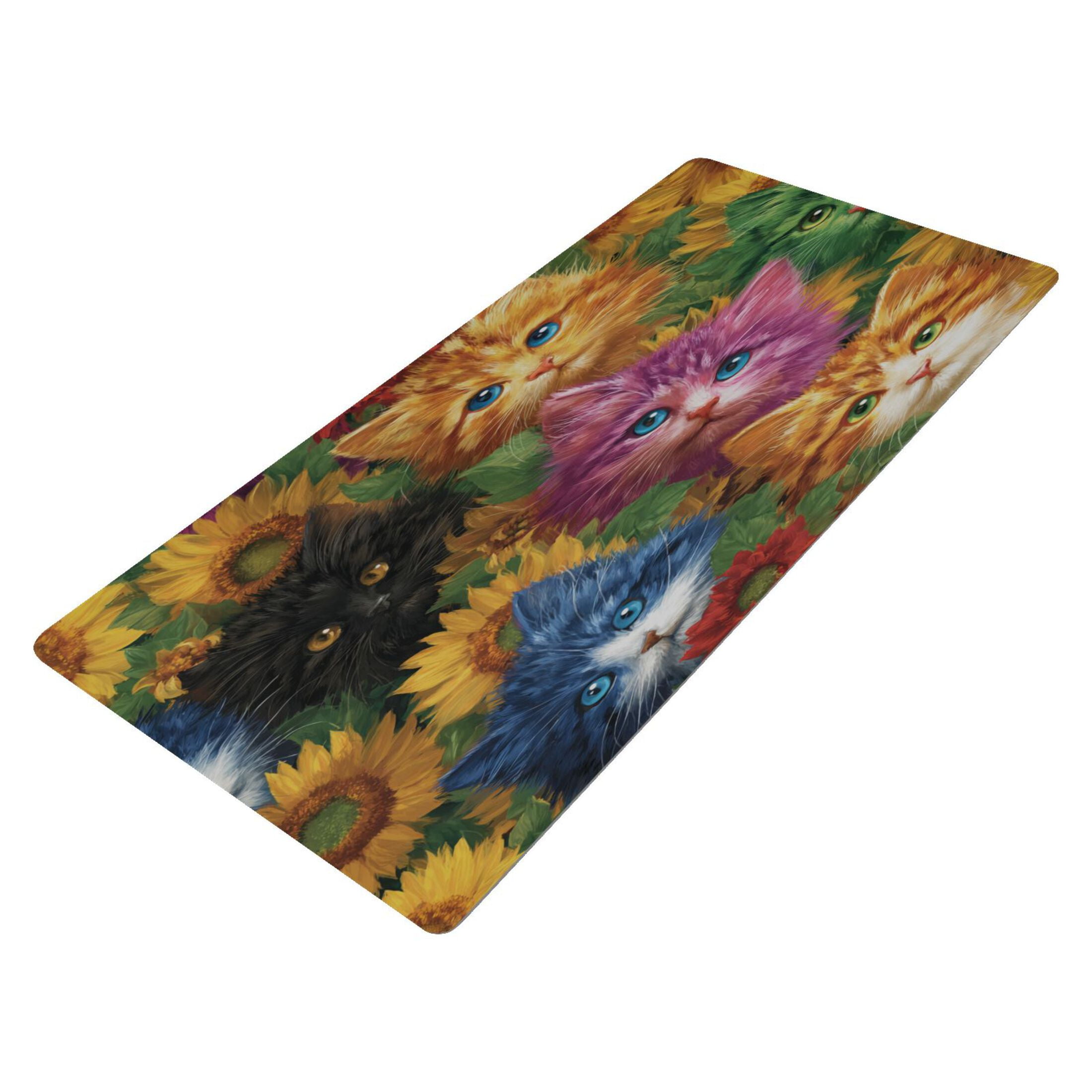 Leather Keyboard and Mouse Desk Mat Office Desk Accessories Protective Office Desk Decor Desk Pad Mat for Gaming, Work from Home, Office Colorful Cat and Sunflowers 16.5" x 35.4"