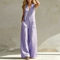 thumbnail image 6 of Costeam Womens Striped Sleeveless V Neck Button Front Jumpsuit Elastic Waist Loose Wide Leg Full Length with Side Pockets Soft Fabric Casual One Piece Pants, 6 of 7