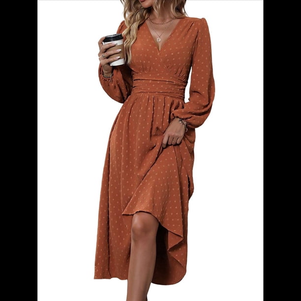 Vestidos Largos Bohemios de Otoño para Mujer, con Cuello en V, Lunares, Cintura Alta, Corte A y Volantes, para Vacaciones. Rojo Ladrillo S