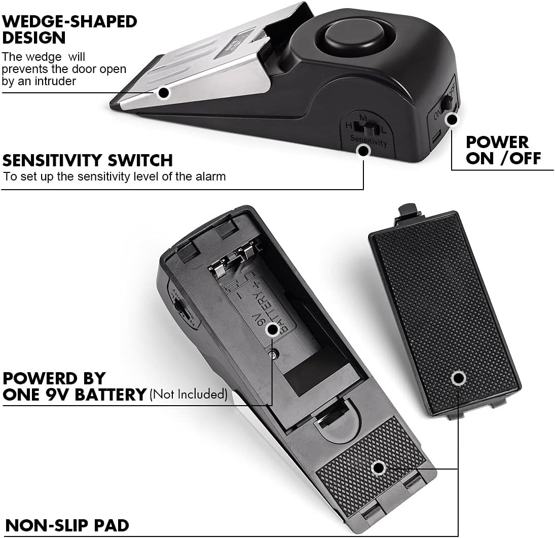 2 Pack Door Alarms for Home Security, Intruder Alert, Floor Wedge Siren Door Stop Alarm for Traveling Hotel (Black )