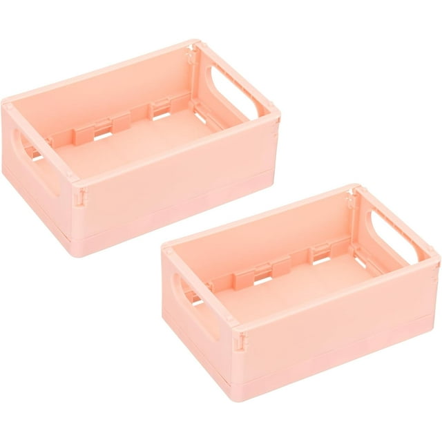 PATIKIL Mini Collapsible Basket, 2 Pcs 5.9 x 3.9 x 2.3 Inch Stackable Storage Crates Foldable Plastic Baskets Desk Organizing Container for Home Kitchen Office, Light Pink