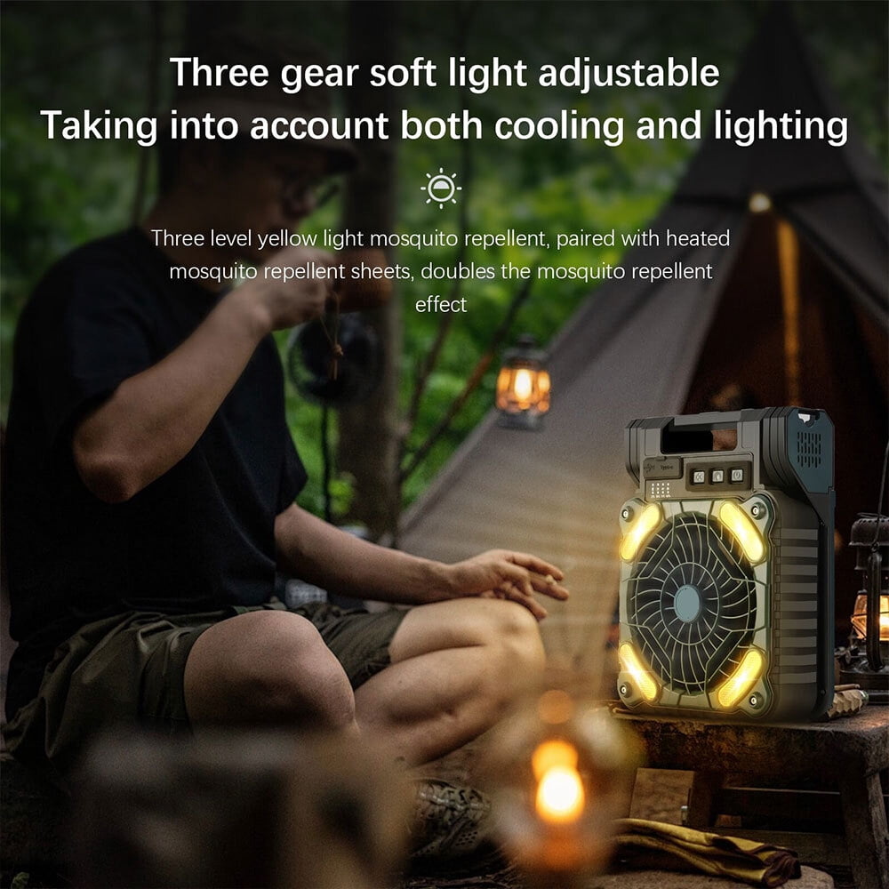 Solar Camping fan, 10000mAh Camping Fan with Solar Panel, LED Light, 4 Speeds 3 Timers Pivot 90 , USB Rechargeable Solar Powered Fan for Camping, Fishing, Travel