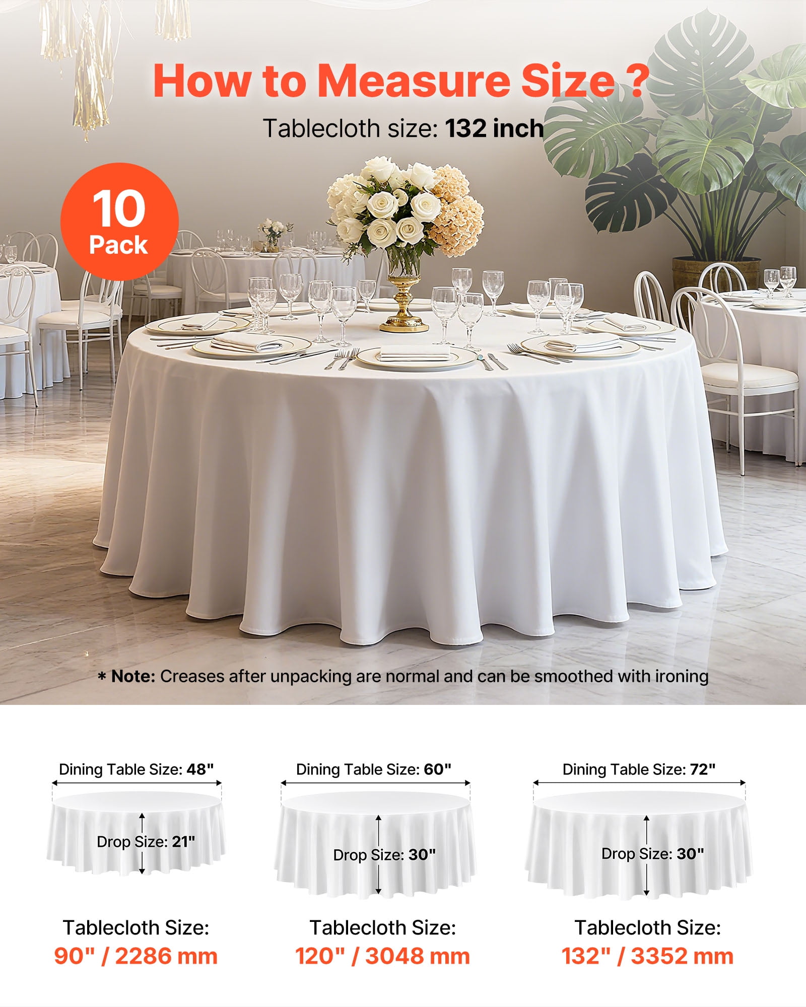 VEVOR White Round Tablecloths 6 Pack, 132 Inches in Diameter, Stain- & Wrinkle- Resistant, Machine Washable Table Clothes, Polyester Fabric Table Covers for Wedding, Party, Banquet, Formal Events