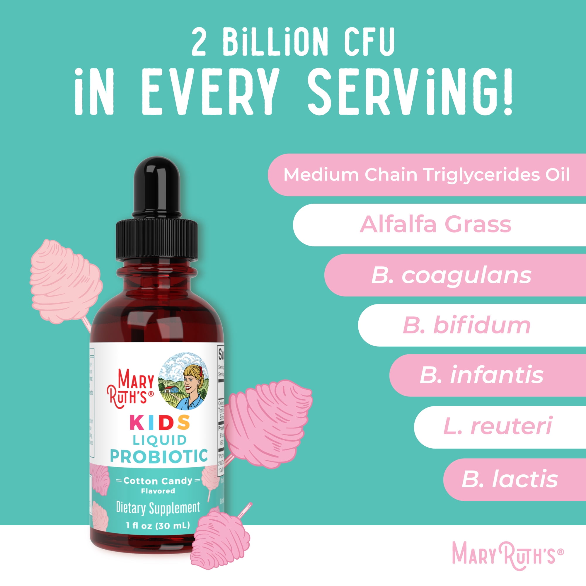 MaryRuth Organics Kids Liquid Probiotic, Gut Health & Immunity, Children's Health, Cotton Candy Flavored, 1 fl oz