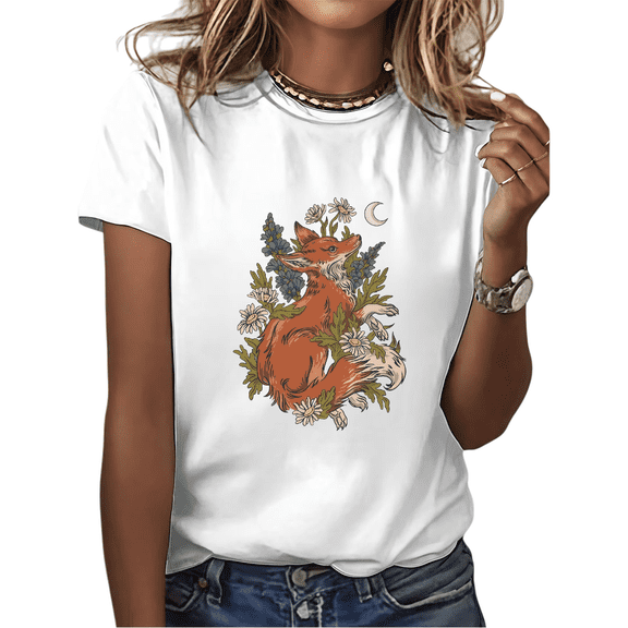 White Womans Graphic Tees Print Tshirt Shirts S-5XL Fox Daisy Moon Stylish Loose Tops