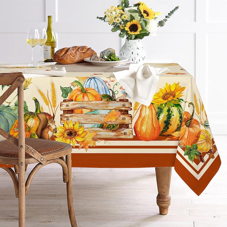 Rectangle Fall Tablecloth - Blue Pumpkin Sunflower Harvest Design, Waterproof Polyester, 60x102 Inch