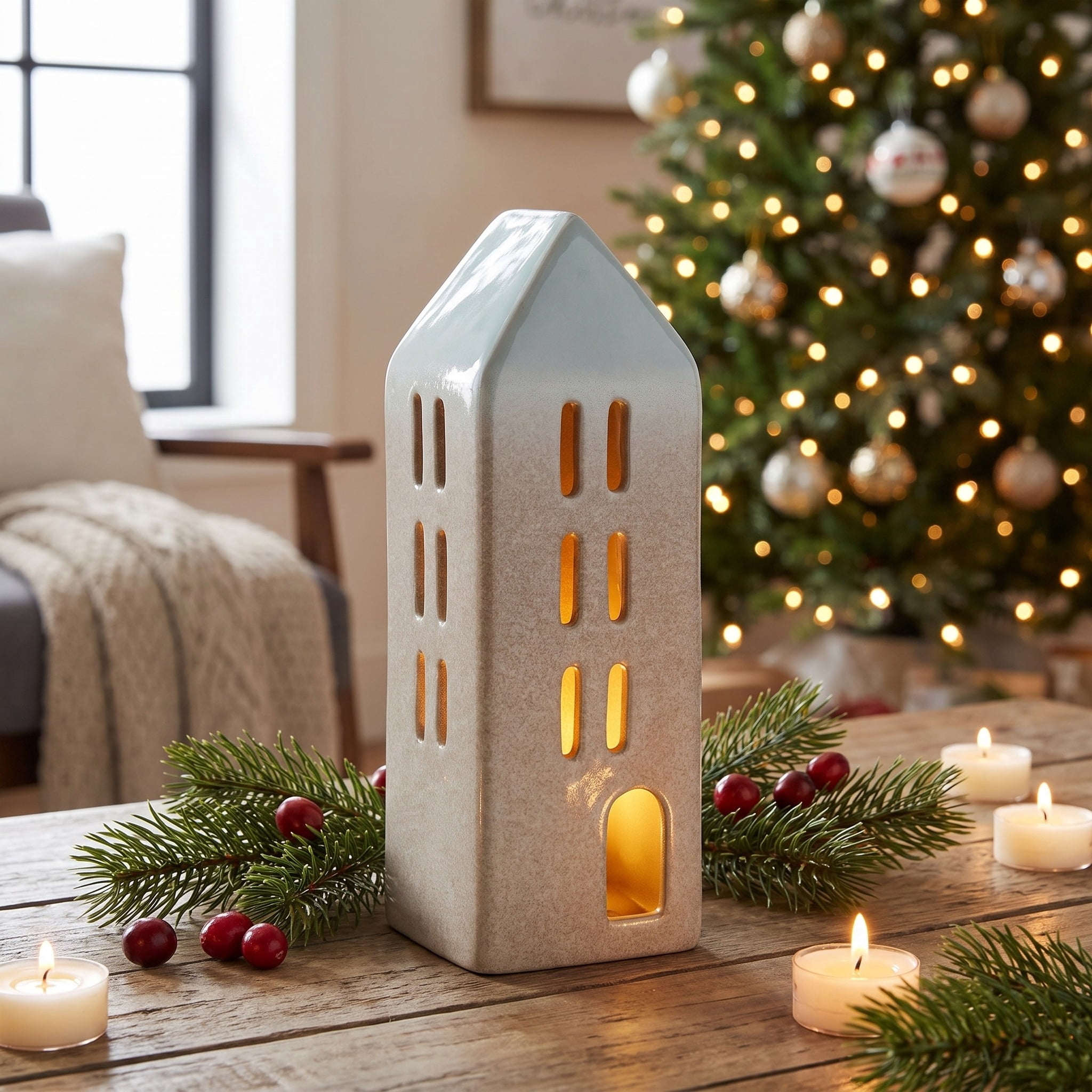 Light-Up LED Ceramic House Christmas Decoration, Gray, 8", by Holiday Time