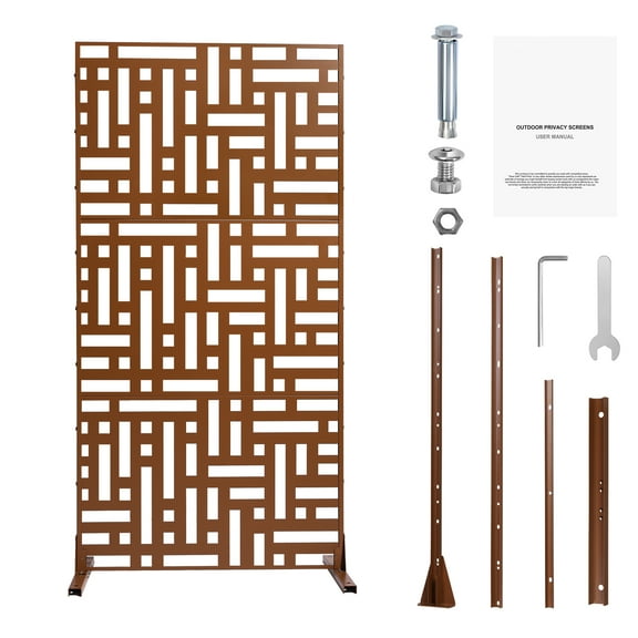 KFFKFF Metal Privacy Screen, 47" W x 76" H, 3-Panel Outdoor Divider with Stand, Freestanding Decorative Steel Privacy Fence for Garden, Balcony, Patio, Indoor Room, or Hot Tub, Brown