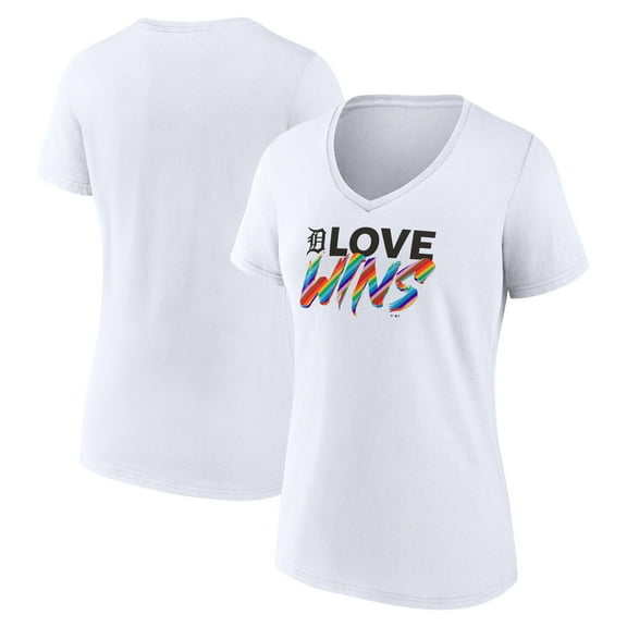 Women's White Detroit Tigers Love Wins V-Neck T-Shirt