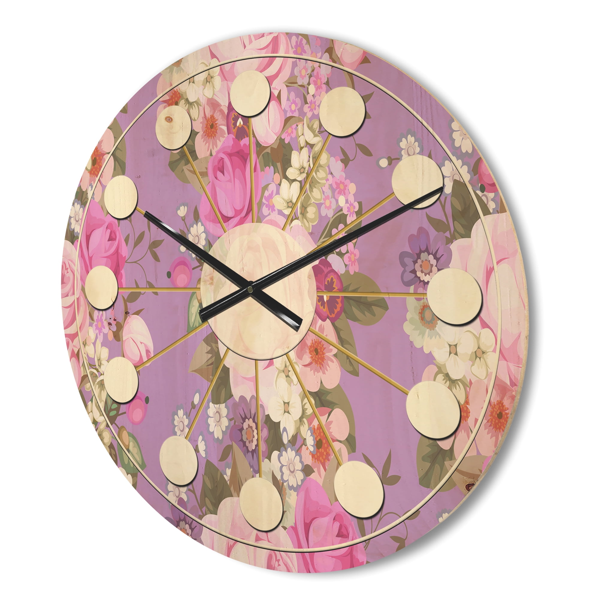 Designart 'Country Roses With Pattern' Mid-Century Modern Wood Wall Clock