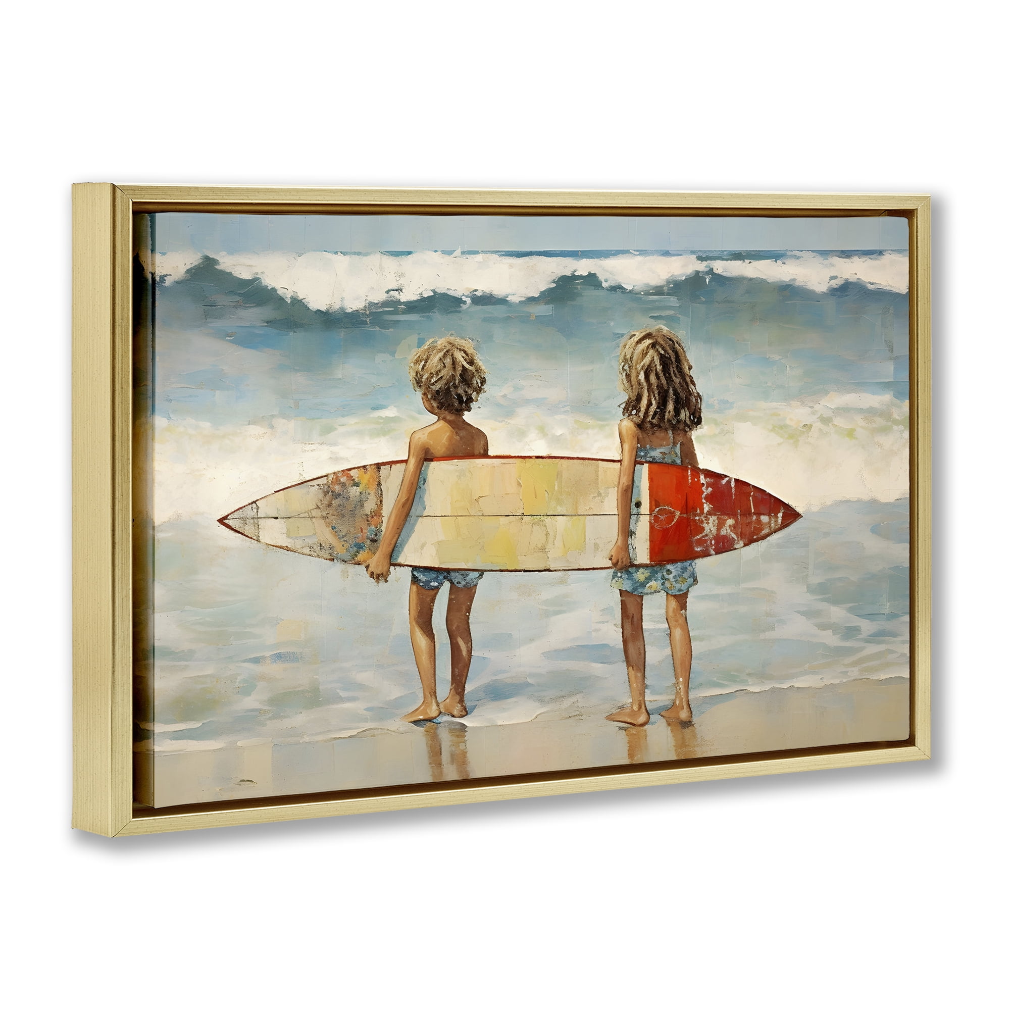 Stupell Industries Kids with Surf Waves People Painting Gold Floater Framed Canvas Art Print Wall Art, 31 x 21