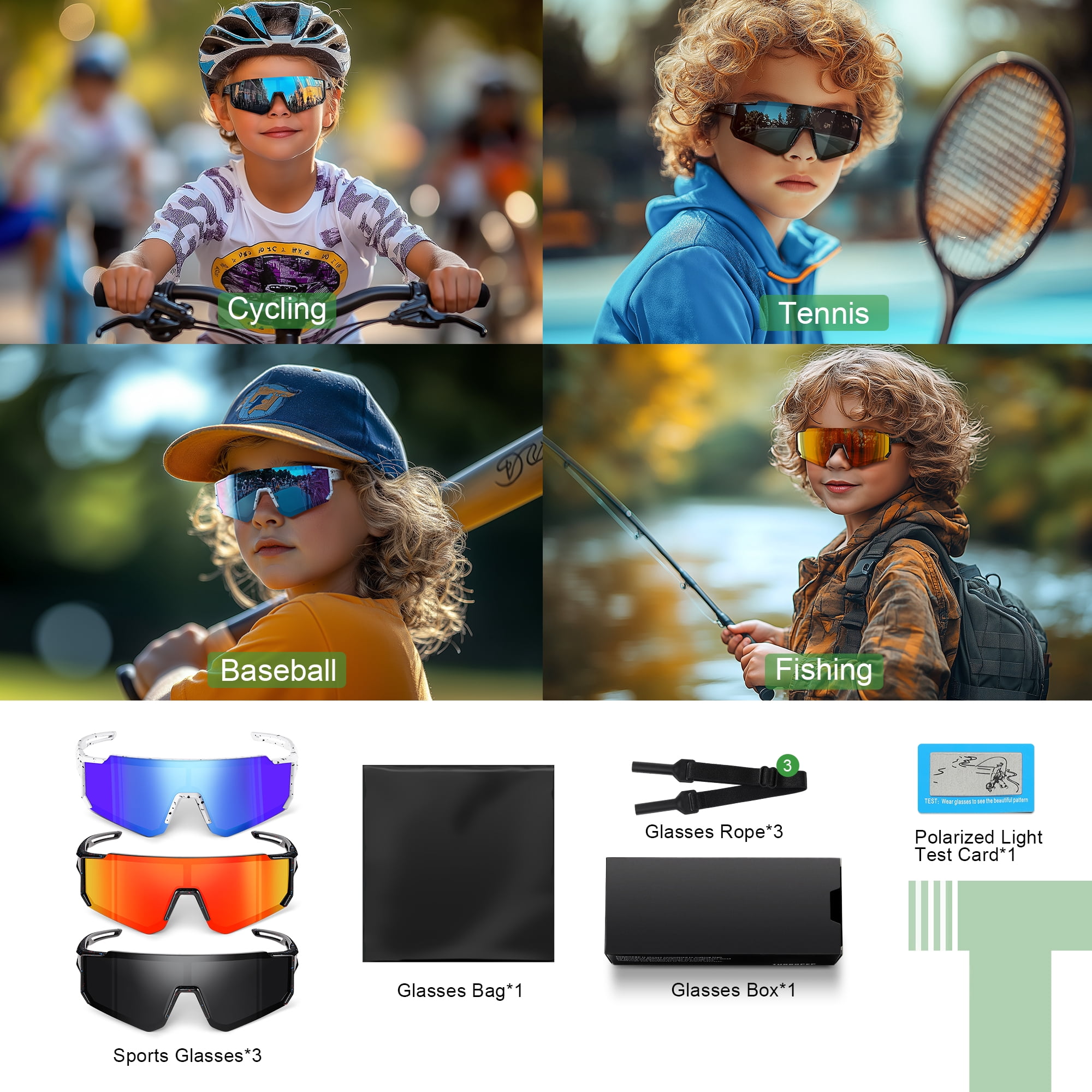 AOMASTE Kids Polarized Sunglasses Baseball Sunglasses Youth Age 3-12 Sports UV Protection Goggles(Black/Blue/Red-3 Pack)
