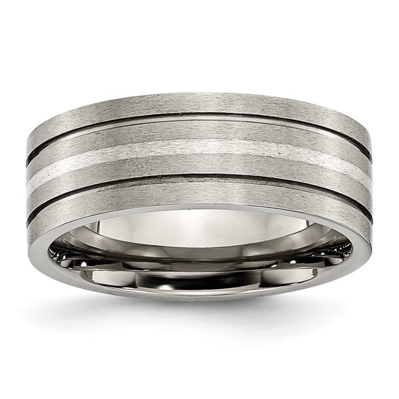 Titanium Grooved Sterling Silver Inlay 8mm Brushed Band Ring - Size 8.5