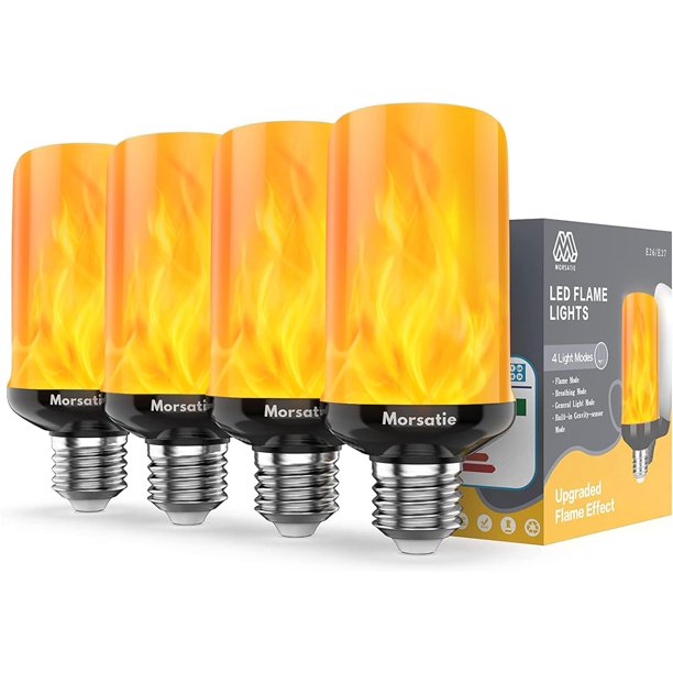 Llama mejorada: bombillas LED de llama Morsatie, 4 modos de bombillas parpadeantes con sensor de gravedad, bombilla de fuego E26 para Halloween, Navidad, fiesta, porche, patio, decoración interior y e