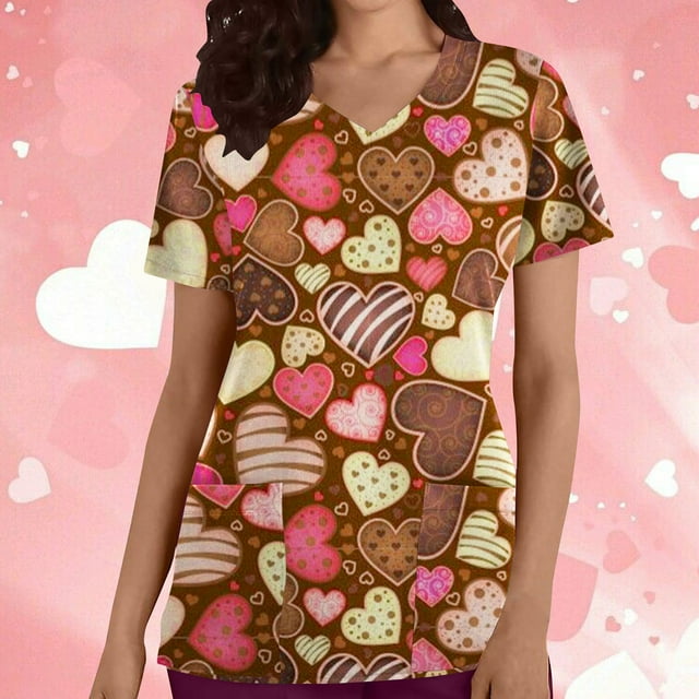 TIMIFIS Hauts de Blouse pour Femmes, Manches Courtes, Col en V, Imprimé, Poches, Café