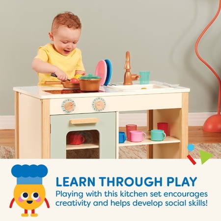 BATTAT TWO N’ ONE WOODEN KITCHEN CAFÉ WITH DISHES AND CHALKBOARD, TODDLER AND PRESCHOOL TOYS