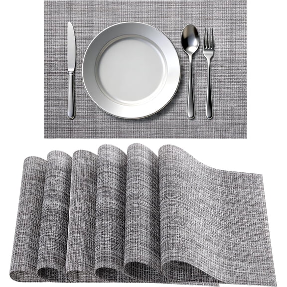 Placemats Set of 6, Heat Resistant Non-Slip Place Mats, Durable Washable PVC Vinyl Woven Table Linen Textured for Dining Kitchen Easy to Clean(Gray)