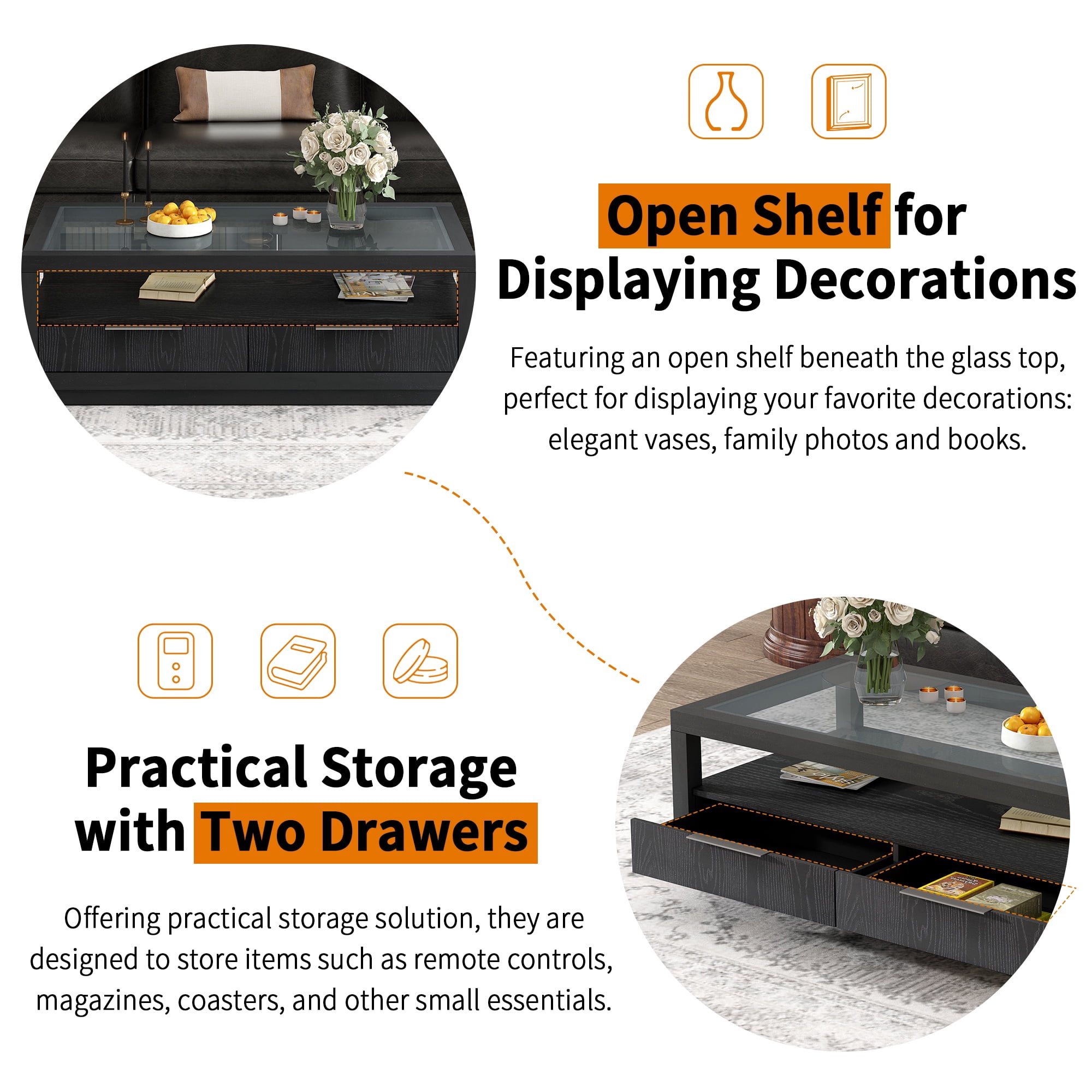 PORKISS Black Coffee Table, Wood Display End Table with 2 Drawers, Modern Center Table with Tempered Glass Table Top and Open Shelf for Living Room, Black
