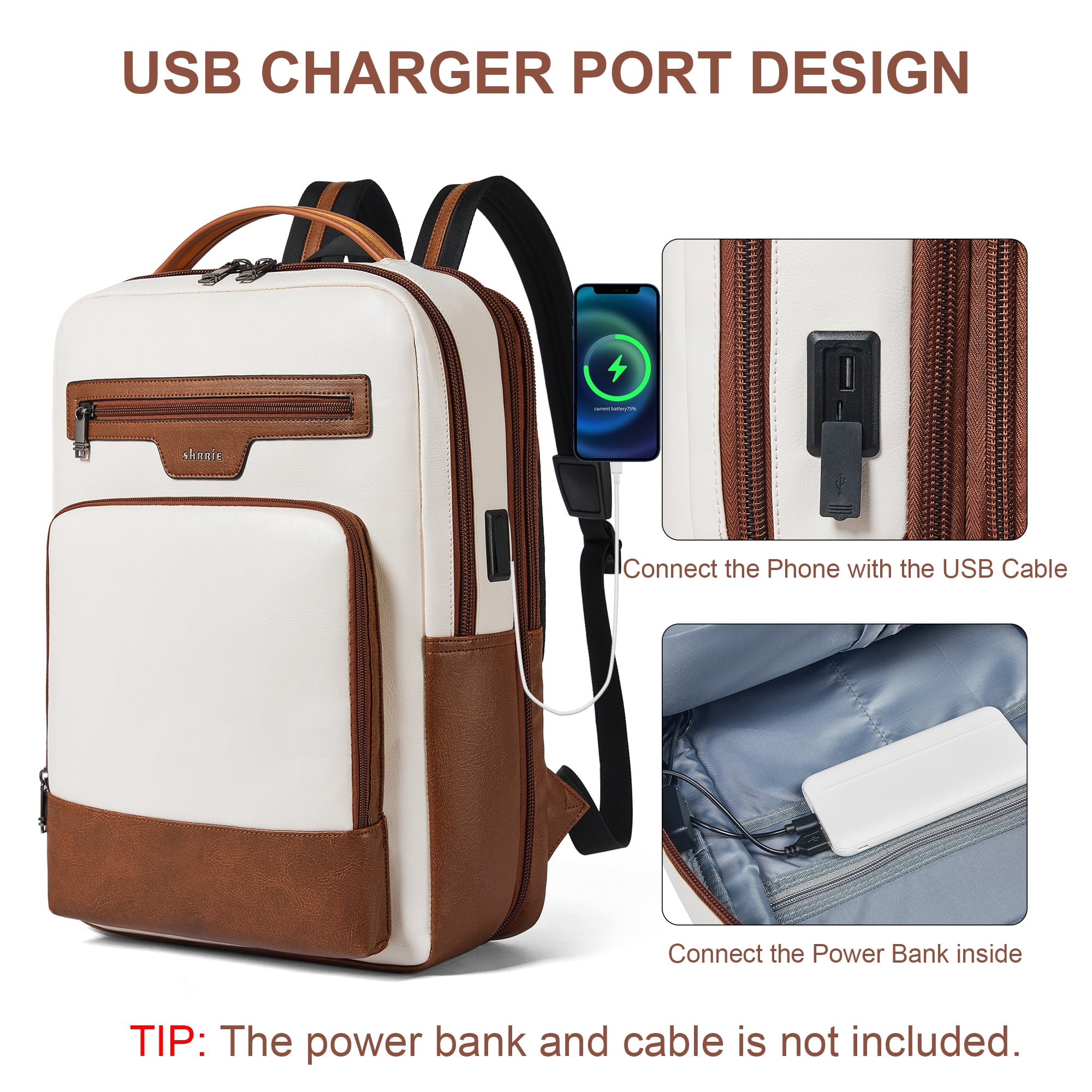 Shrrie Leather Laptop Backpack for Women and Men,28 L Travel Backpack Computer Bag Fits 16 inch Laptop,Expandable Casual Daypack with USB Charging Port for Work Business Weekender College
