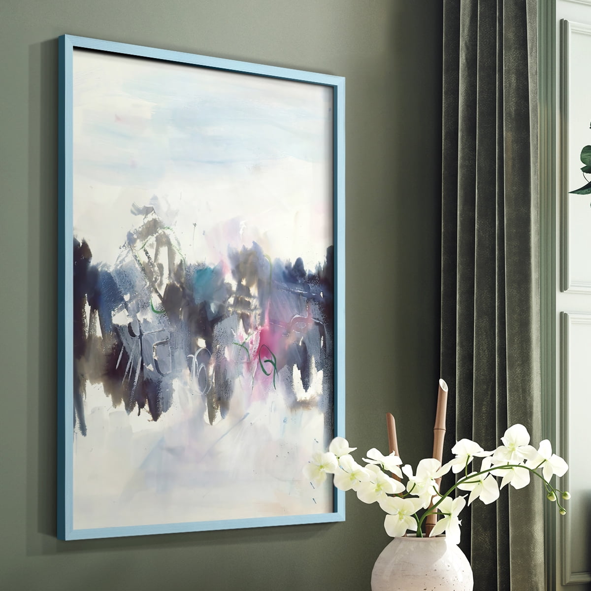 Birds II Framed Print in Blue Solid Wood Framed Print No Nail Hanging