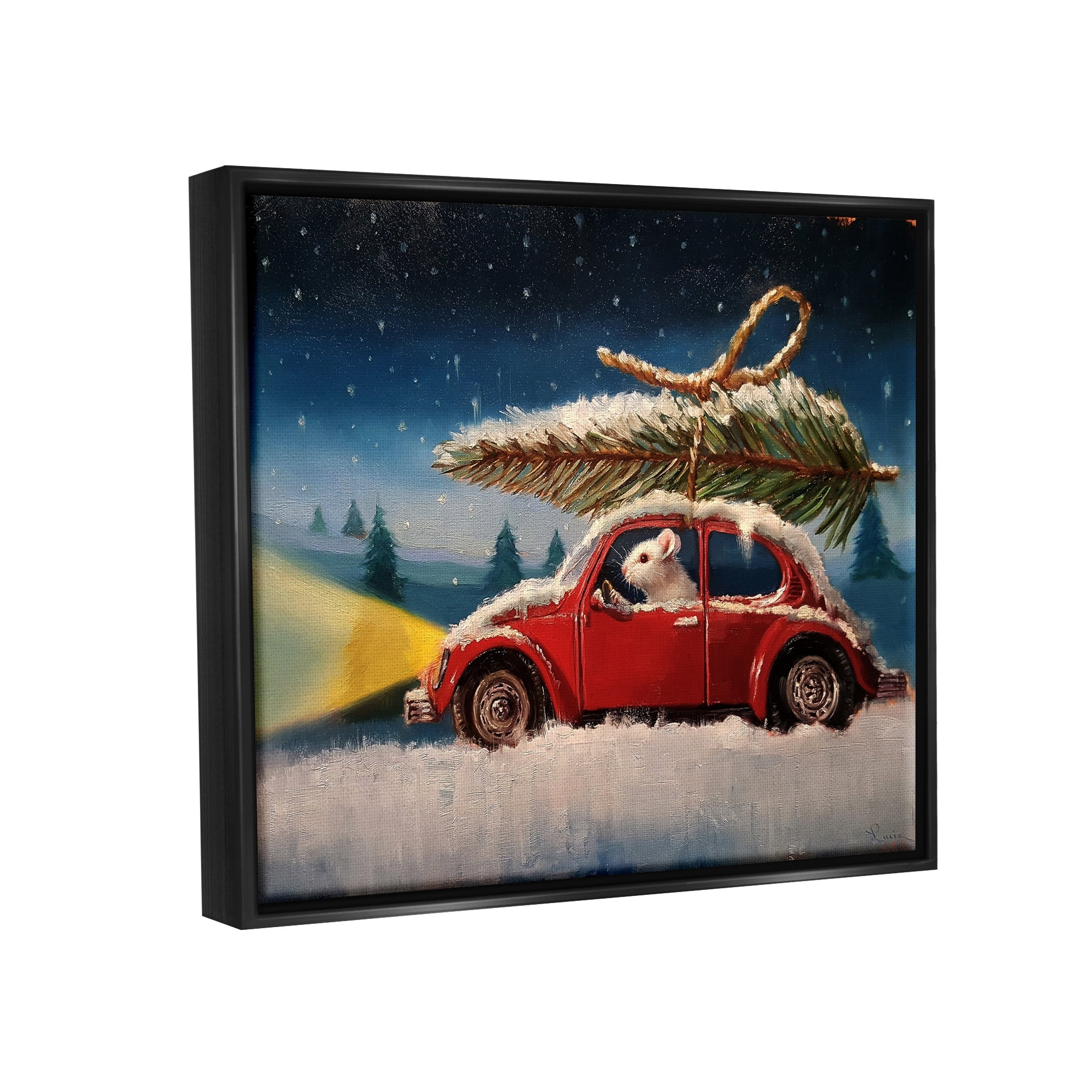 Stupell Industries Mouse Driving Through Snow Winter Holiday Tree Metallic Gold Framed Floating Canvas Wall Art, 24x30, by Lucia Heffernan