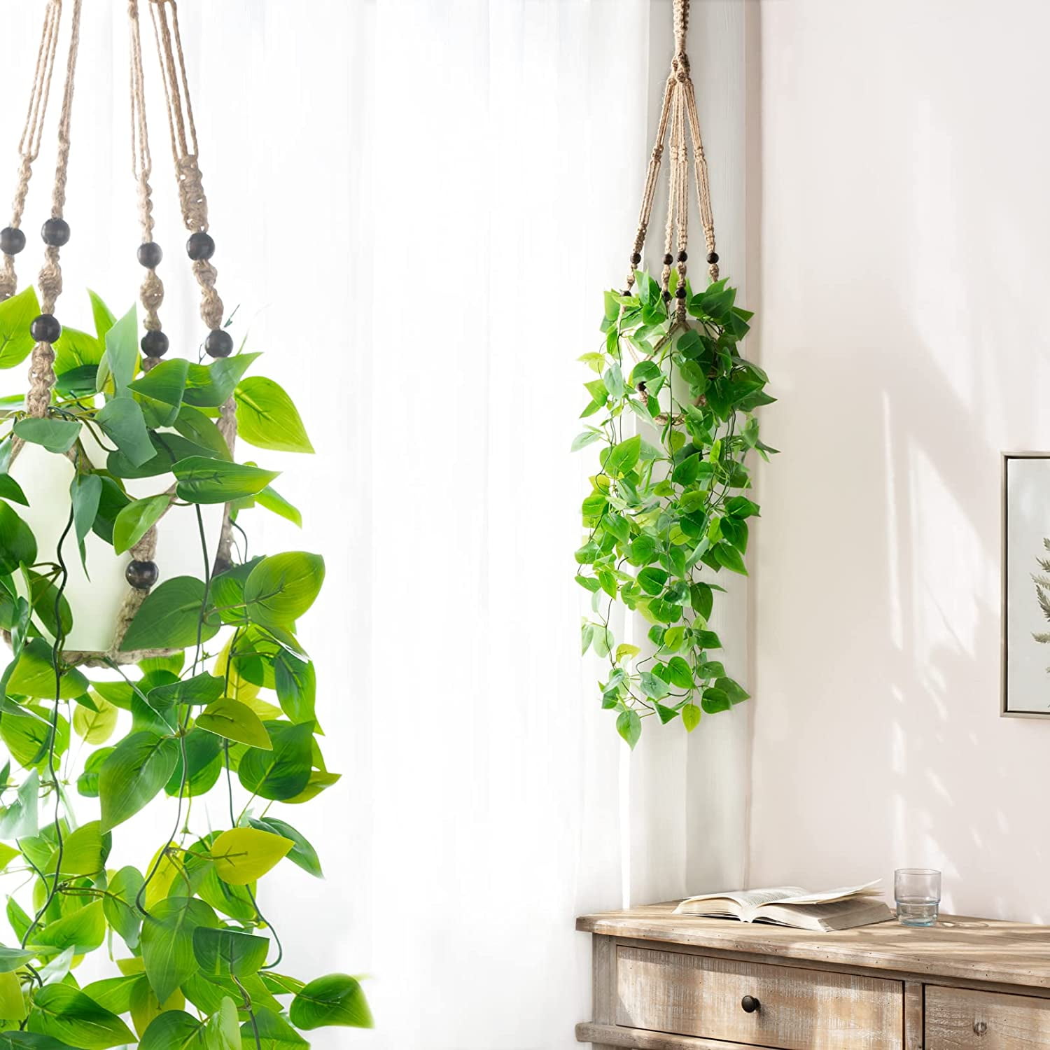 NANAHuang Fake Hanging Plant with Pot, Artificial Plants for Home Decor Indoor Macrame Plant Hanger with Faux Vines Hanging Planter Greenery for Bedroom Bathroom Kitchen Office Decor, Ivory (Pothos)