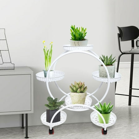 Metal Plant Stand, 6 Potted Holders,Indoor Outdoor Plants Flower Rack with Wheel