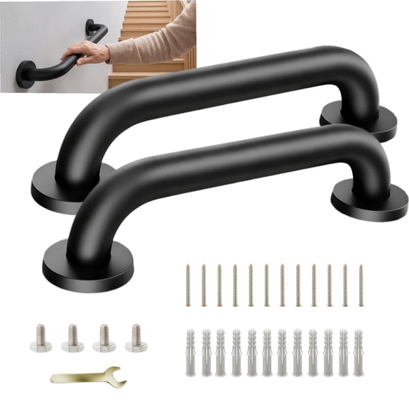 12 Inch Black Stainless Steel Handrail, Safety Grab Bars for Wall, Handicap Grab Bars for Bathroom, Shower, Toilet, RV Handrail, Hand Rails for Indoor Stairs, Stair Railing Indoor & Outdoor (2 Pack)