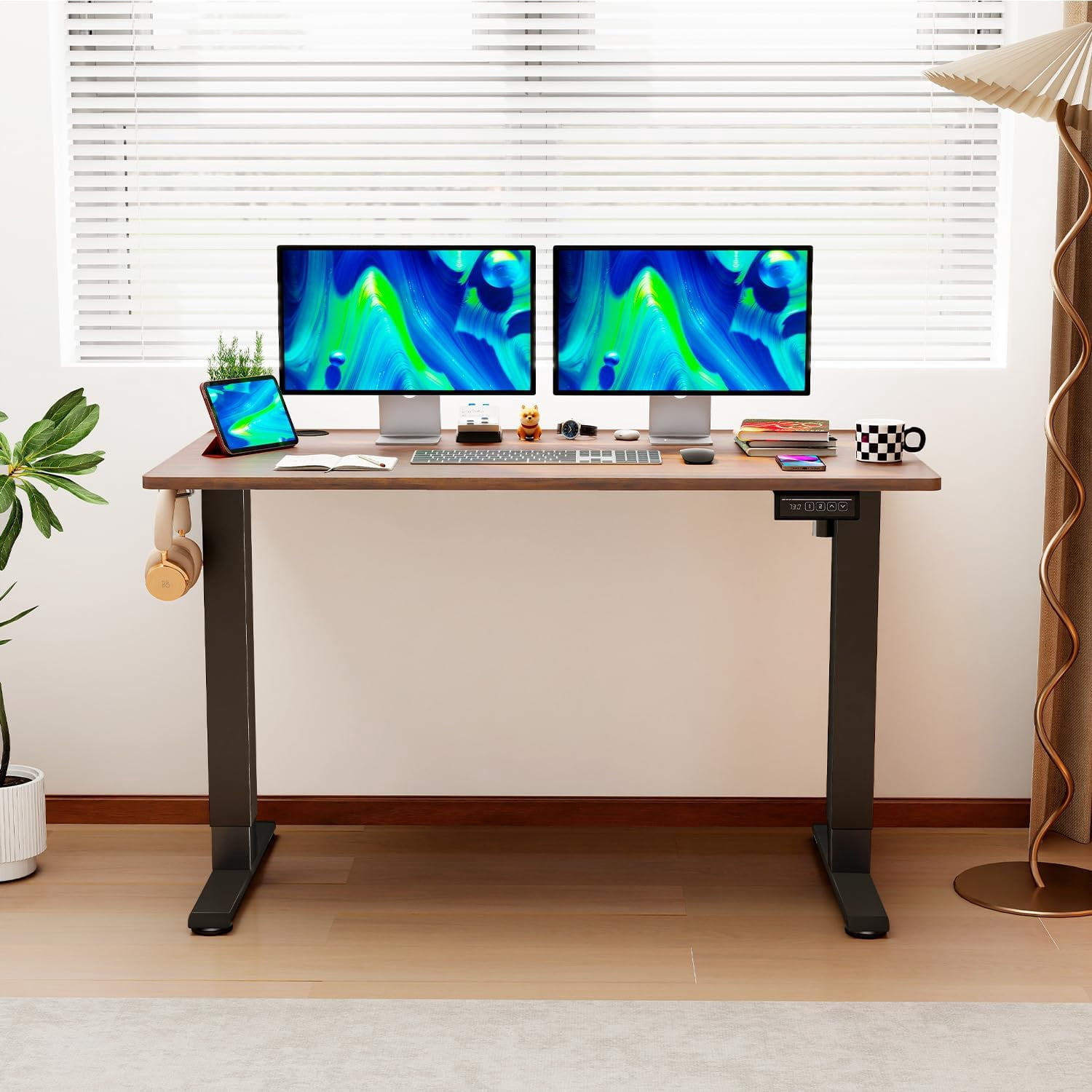 Electric Standing Desk 48x24 Inch Height Adjustable Desk Large Space Office Computer Desk with Headphone Holder 2 Memory Function for Home Office,Brown