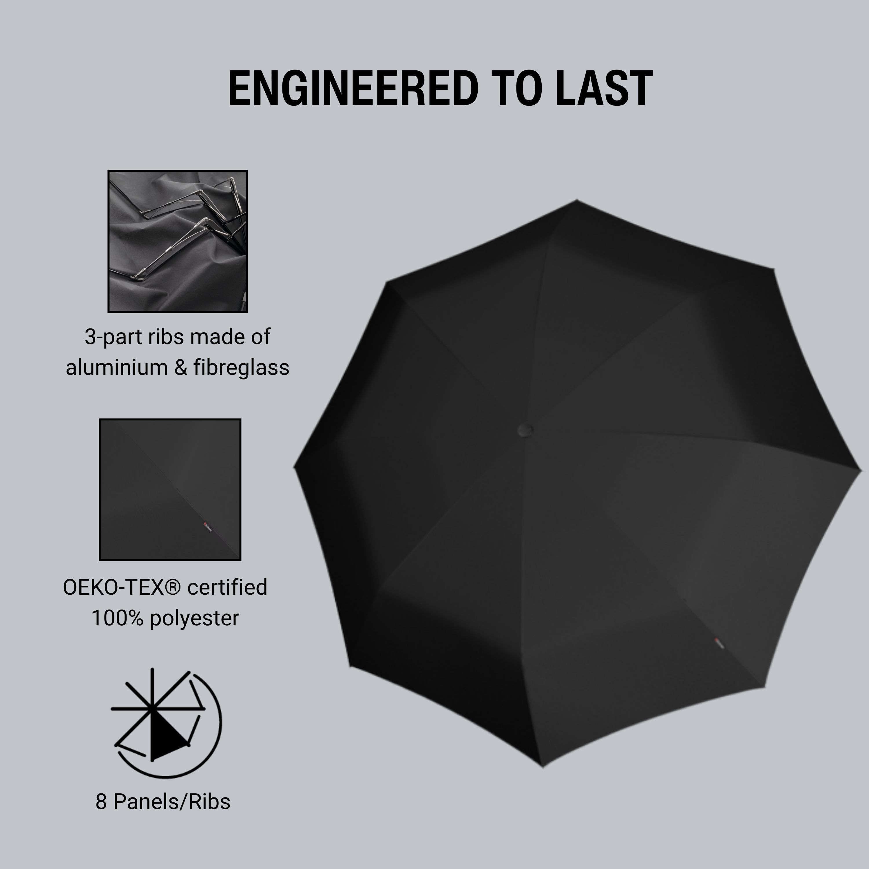 Knirps T.260 Duomatic Medium Pocket Rain Umbrella in Black– Automatic Open Close, Wind-Tunnel Tested to 93mph, Hook Handle Design, 38in Canopy, OEKO-TEX, Fits in Backpacks & Purses