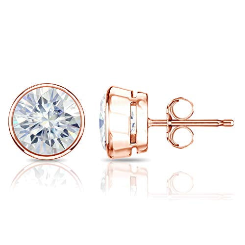 14k Rose Gold Round Moissanite Stud Earrings (1ct TGW, 5mm, J-K) Bezel-set, Push-Back by Diamond Wish
