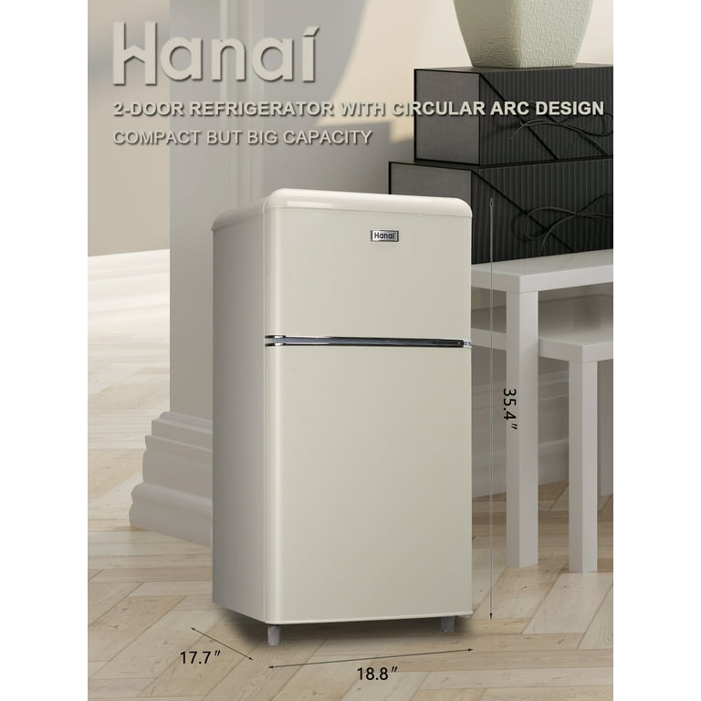 WANAI Mini Fridge with Freezer 3.5 Cu.Ft Compact Refrigerator with 7 Level  Thermostat, Two Door Portable, Cream