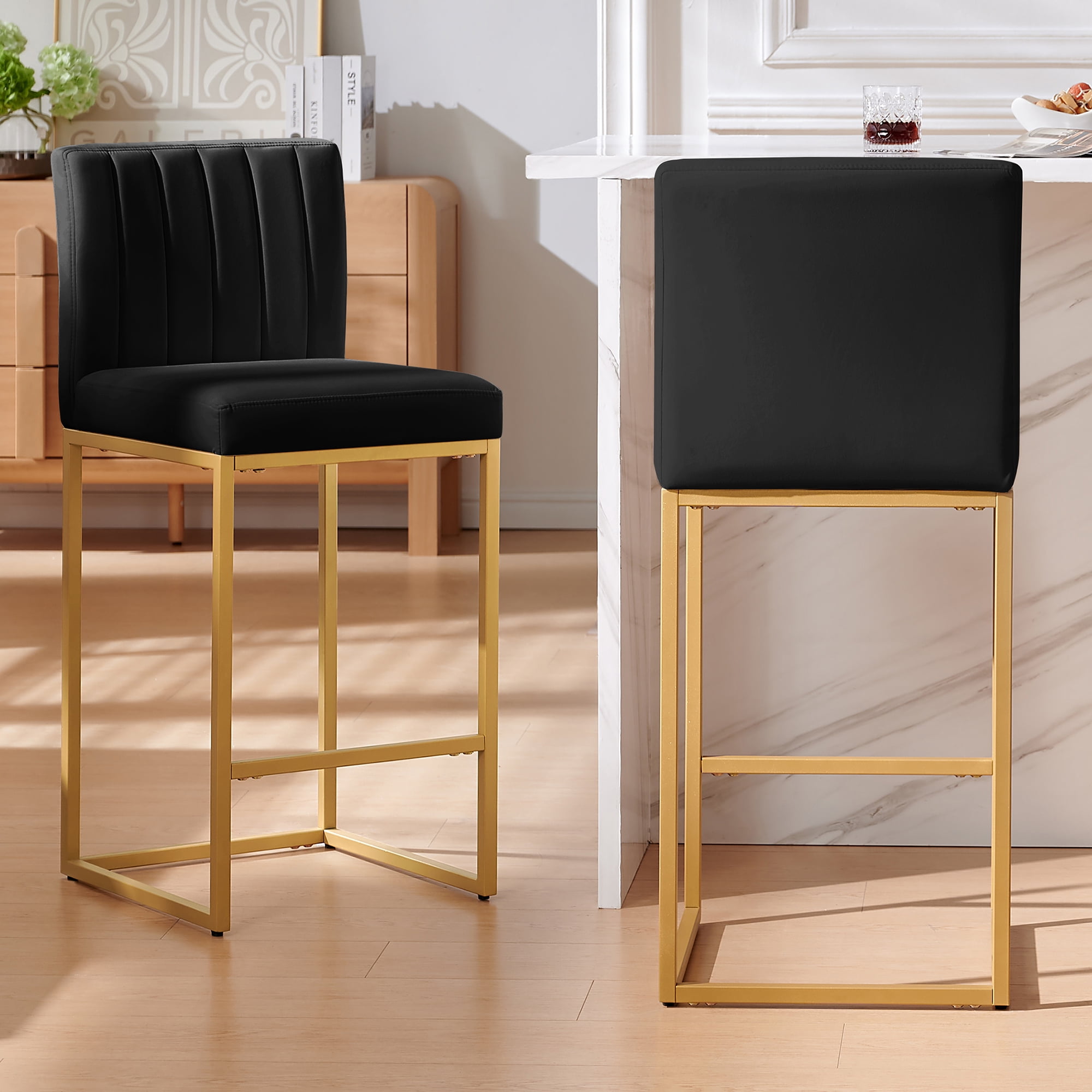 27 Inch Bar Stool, Velvet Counter Height Bar Stools, Set of 2 Bar Chairs with Back and Metal Legs, Kitchen Island Counter Stools for Pub, Dinning Room, Cafes
