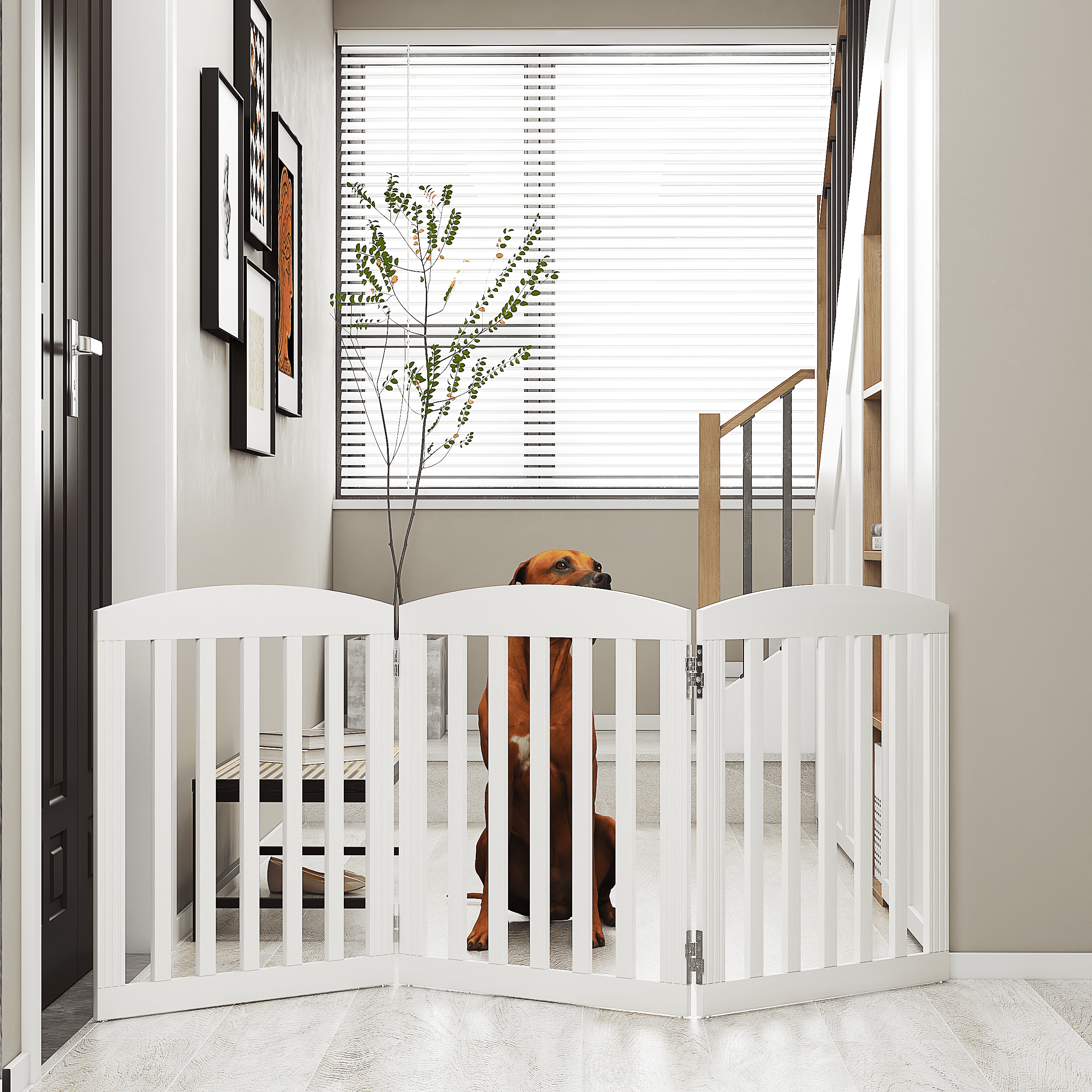 STAROUS Foldable Dog Gate, Dog Gates for Doorways, Stairs, The House, Wooden Freestanding Pet Gate Indoor, Step Over Puppy Gate, 3 Panels, White