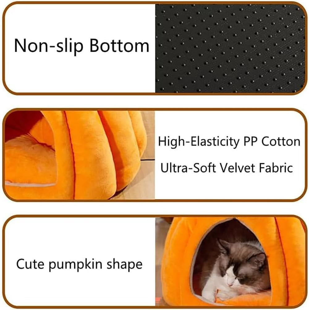 Pumpkin-Shaped Cat Bed with Removable Cushion, Cozy Cat Cave Tent for Indoor Cats, Cute Feline House for Small Pets