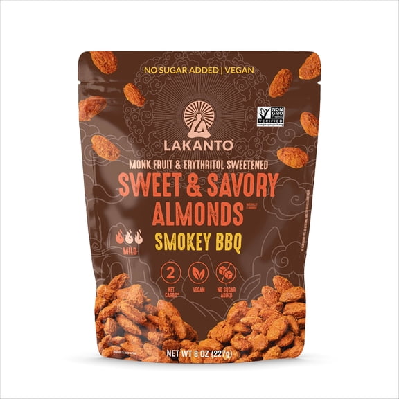 Lakanto Sweet and Savory Smokey BBQ Almonds - On the Go Snack, Smoky Barbecue Seasoning, Gluten Free, Protein, Crunchy Roasted, Monk Fruit, Resealable Bag (8 oz)