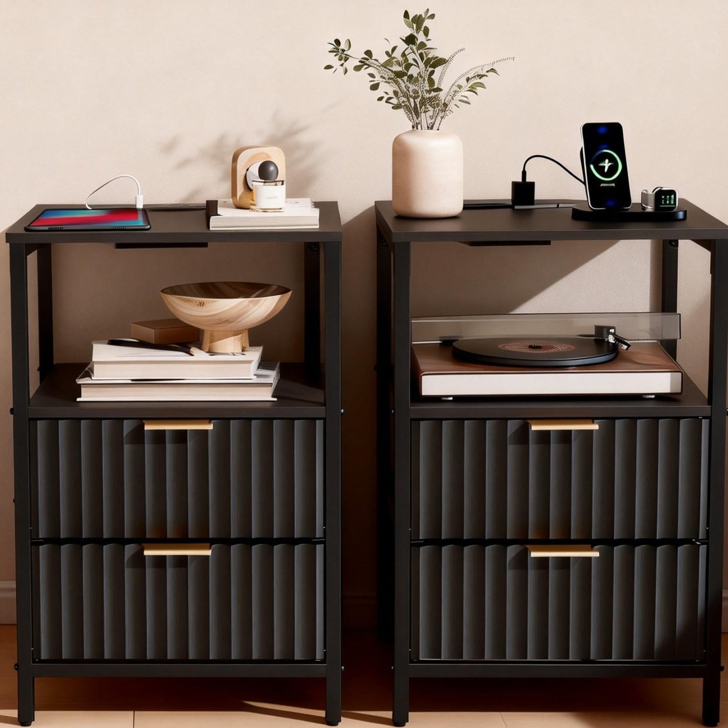 Ktaxon Nightstand with Charging Station End Table with 2 Fabric Drawers Bedside Table Furniture for Bedroom, Living Room,Fluted Black Wave Design