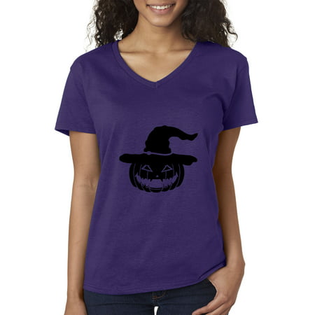 New Way 969 - Women's V-Neck T-Shirt Halloween Pumpkin Witch Hat Scary XS Purple