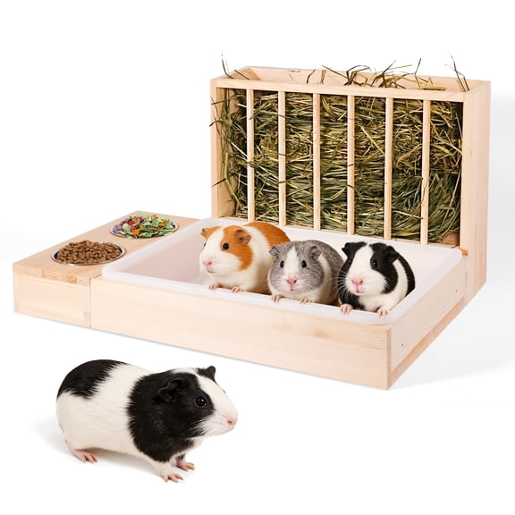 3-in-1 Wooden Mess-Proof Guinea Pig Hay Feeder with Litter Box, Small Animal Feeding Supply for Guinea Pigs, Chinchillas