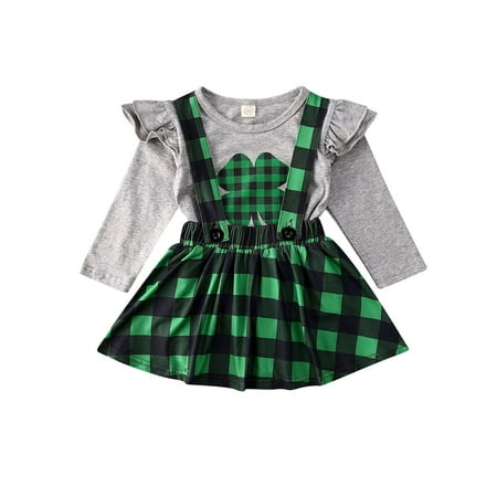 

Toddler Baby Girl Clover Floral Clothes Cotton Tops T-Shirts + Plaids Skirts Outfits