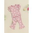 thumbnail image 3 of Suealasg Toddler Girls 2Pcs Summer Clothes 6M 1T 2T 3T 4T 5T Kids Little Girls Casual Outfits Short Sleeve Ruffle Floral Tops Flared Pants Sets, 3 of 7