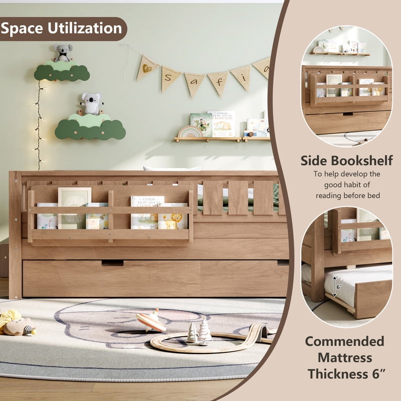 Full Size Low-Profile Kid's Platform Bed with Built-in Bookshelves & Small Staircase, Wooden Bed Frame with Safety Rails & Trundle