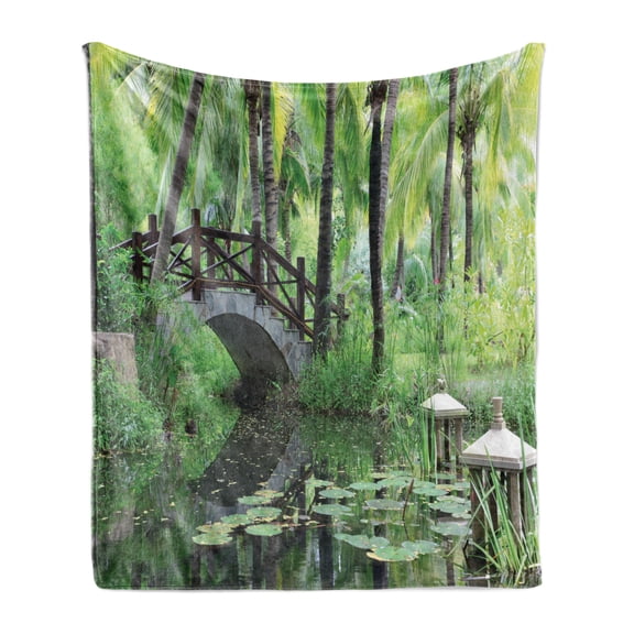 Peace Garden Soft Flannel Fleece Throw Blanket, Green Landscape in South China Palm Trees and Bushes Growth Nature, Cozy Plush for Indoor and Outdoor Use, 50" x 60", Green Grey Brown, by Ambesonne